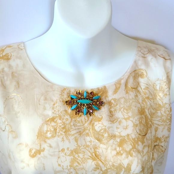 Vintage AUSTRIA Turquoise Rhinestone Brooch Purple Crystal Pin Ornate Antique - Picture 13 of 16